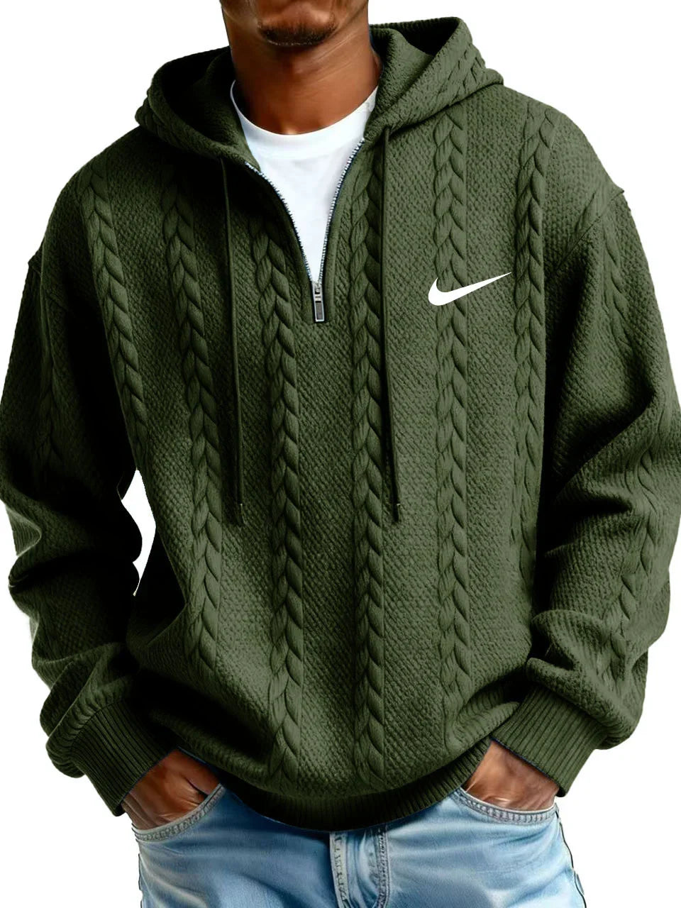 Men’s Cable Knit Hoodie – Premium Textured Quarter-Zip Pullover