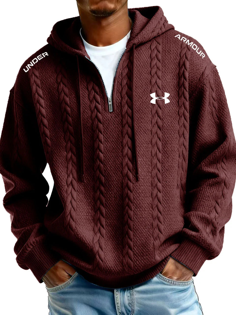 Men’s  Cable Knit Hoodie – Premium Textured Quarter-Zip Pullover