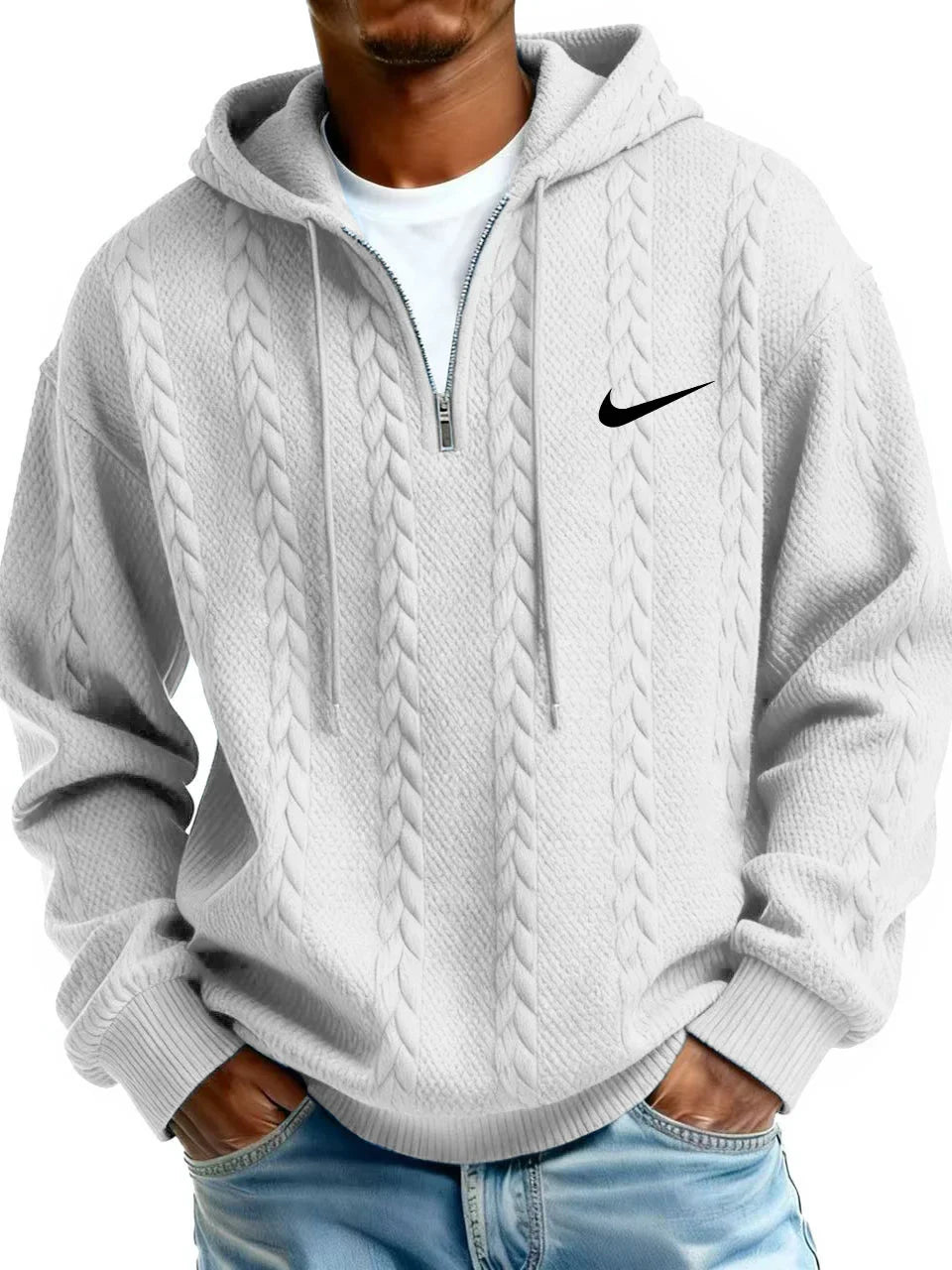 Men’s Cable Knit Hoodie – Premium Textured Quarter-Zip Pullover