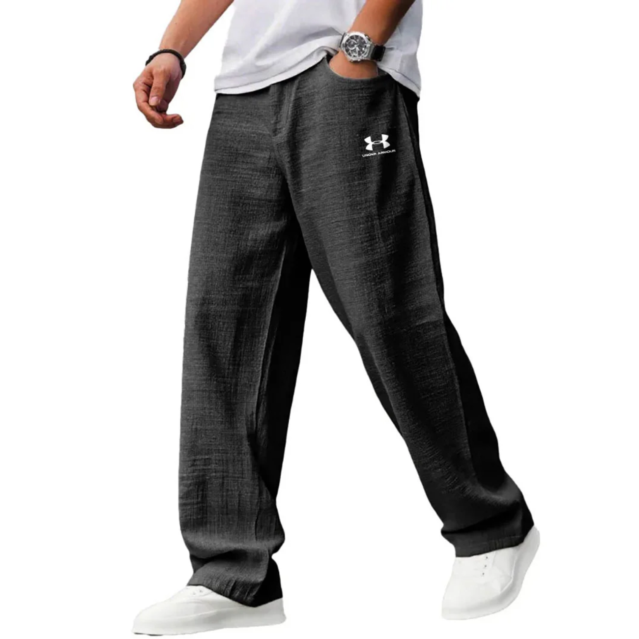 Men’s Charcoal Relaxed Fit Lounge Pants – Textured Wide-Leg Casual Trousers