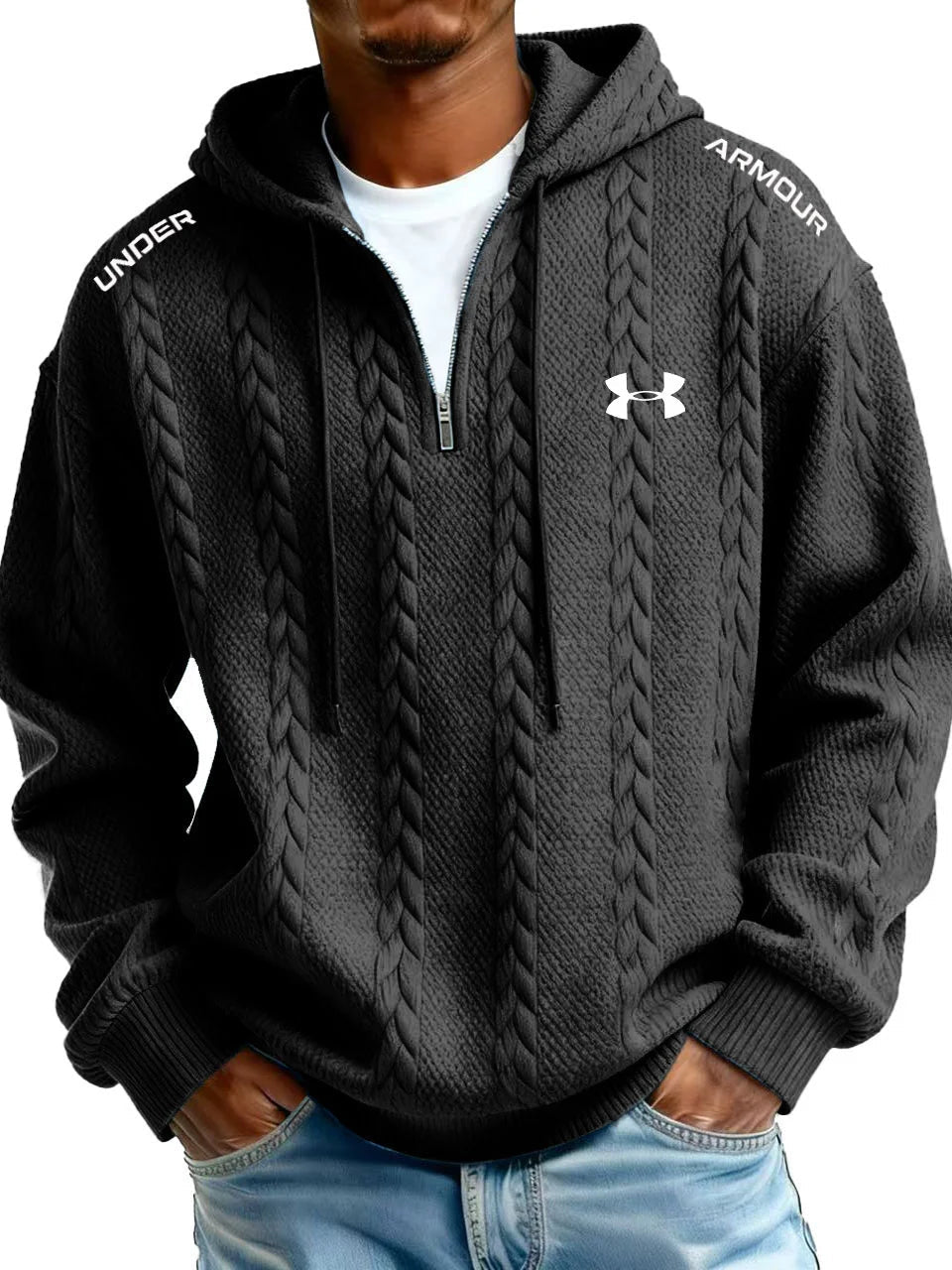 Men’s  Cable Knit Hoodie – Premium Textured Quarter-Zip Pullover