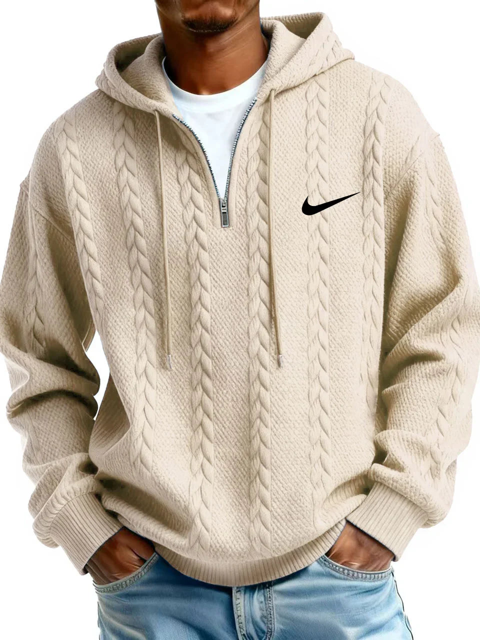 Men’s Cable Knit Hoodie – Premium Textured Quarter-Zip Pullover