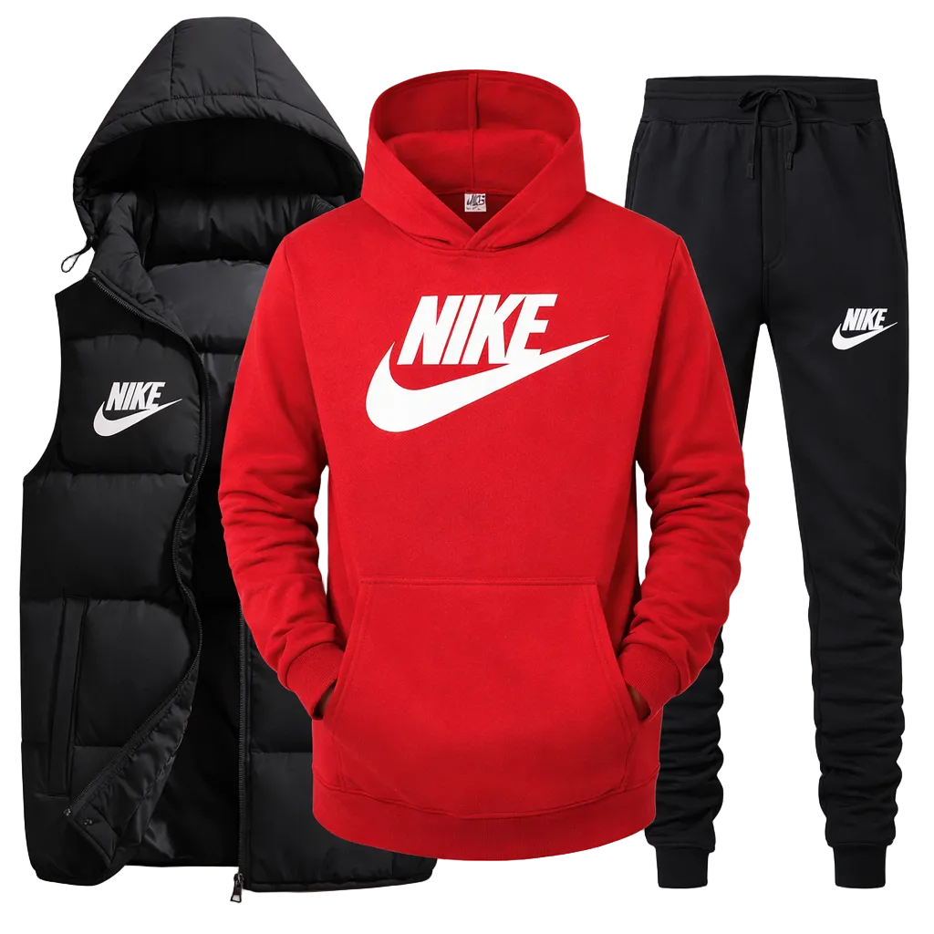 Men’s 3-Piece Winter Tracksuit – Puffer Vest, Hoodie & Tapered Jogger Set