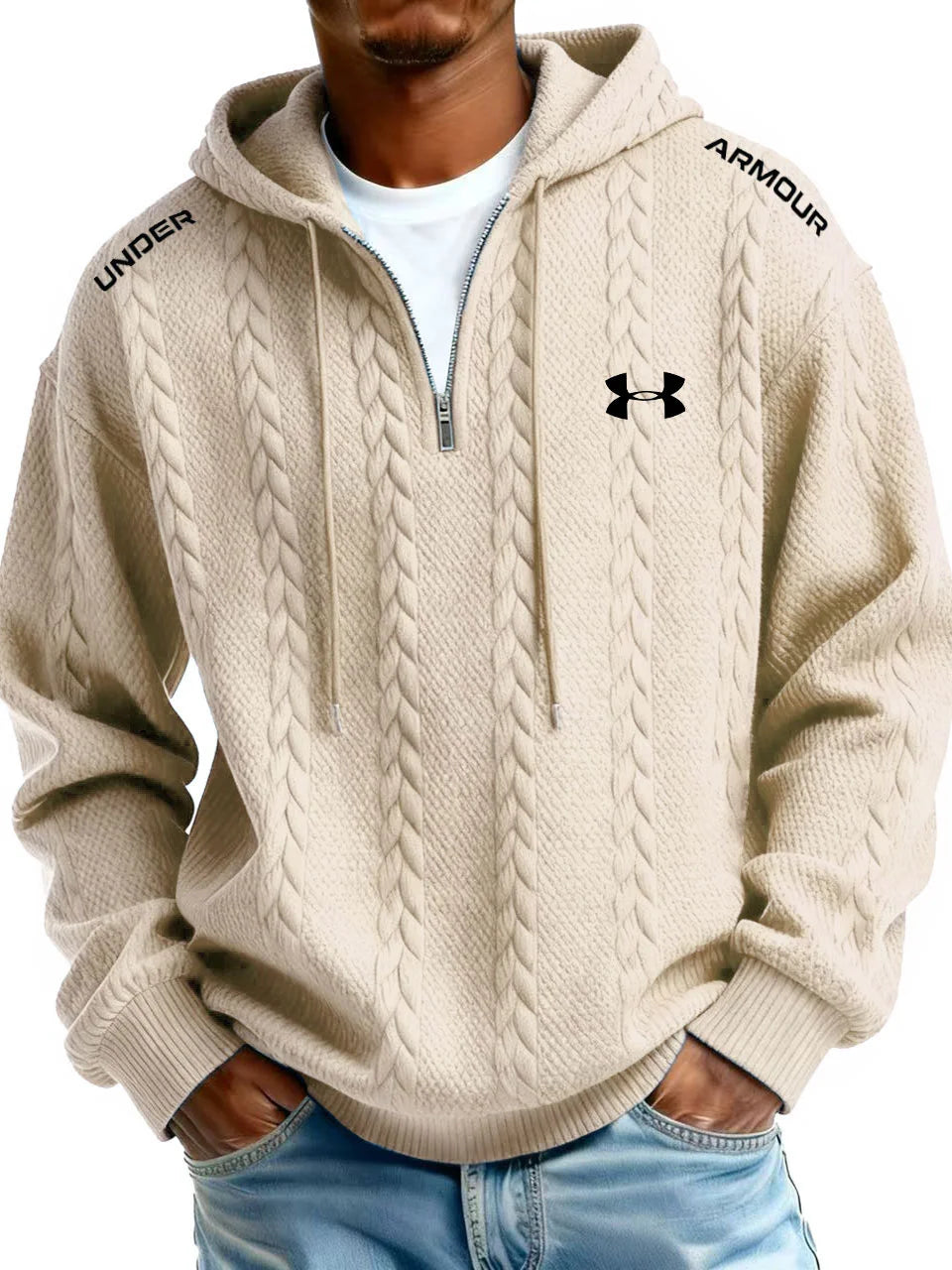 Men’s  Cable Knit Hoodie – Premium Textured Quarter-Zip Pullover