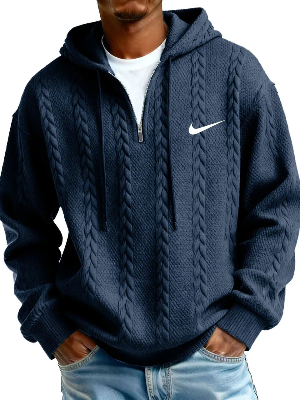 Men’s Cable Knit Hoodie – Premium Textured Quarter-Zip Pullover
