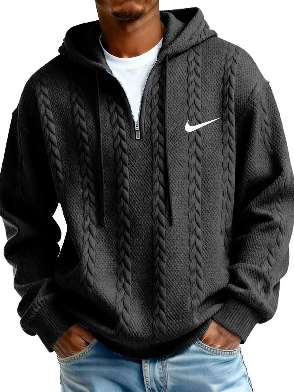 Men’s Cable Knit Hoodie – Premium Textured Quarter-Zip Pullover