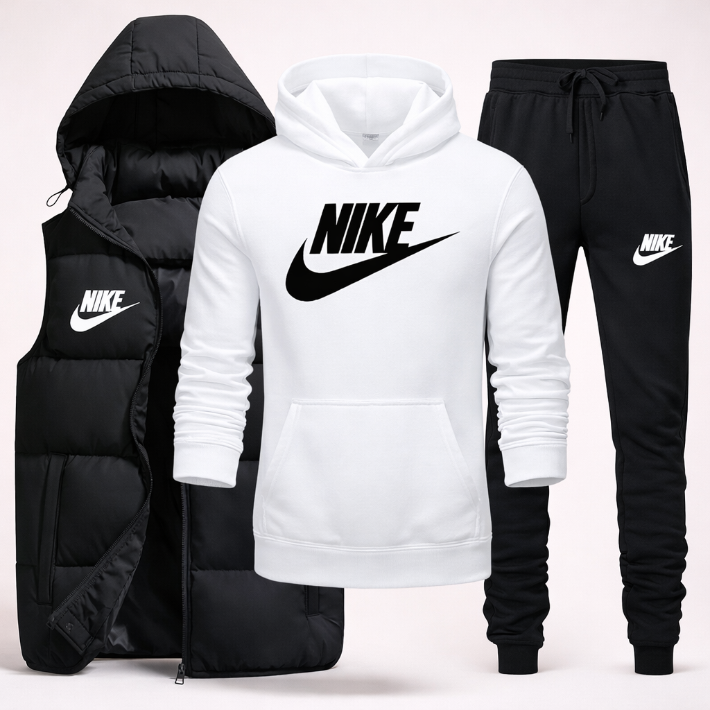 Men’s 3-Piece Winter Tracksuit – Puffer Vest, Hoodie & Tapered Jogger Set