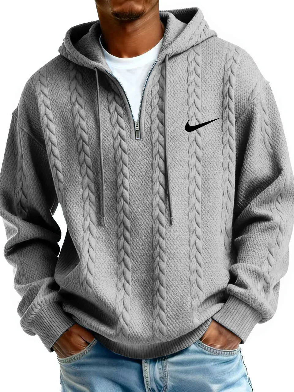 Men’s Cable Knit Hoodie – Premium Textured Quarter-Zip Pullover