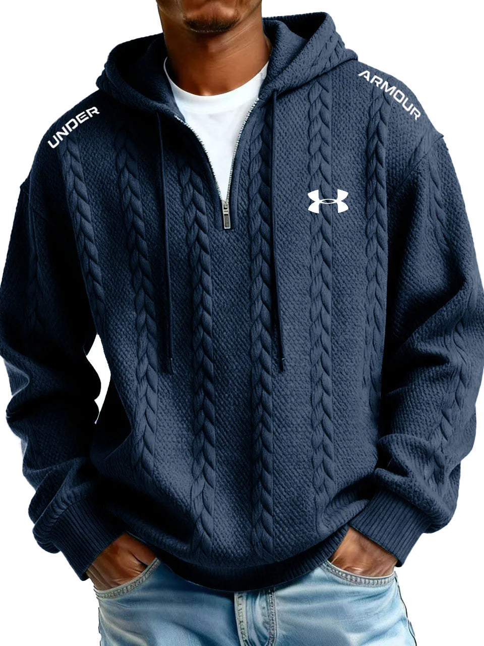 Men’s  Cable Knit Hoodie – Premium Textured Quarter-Zip Pullover