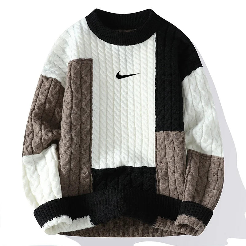 Men’s Color-Block Cable Knit Sweater – Oversized Casual Pullover