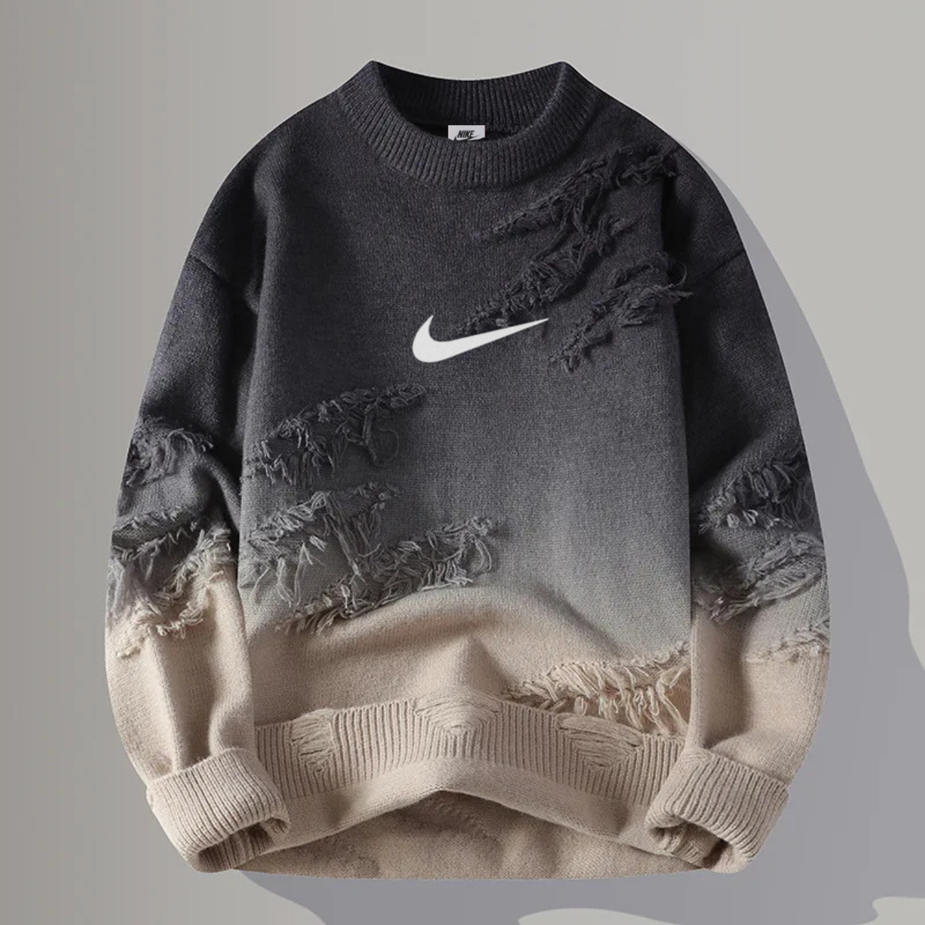 Men’s Gradient Distressed Knit Sweater – Oversized Street Style Pullover
