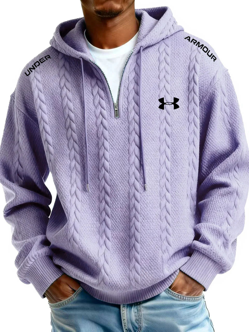 Men’s  Cable Knit Hoodie – Premium Textured Quarter-Zip Pullover