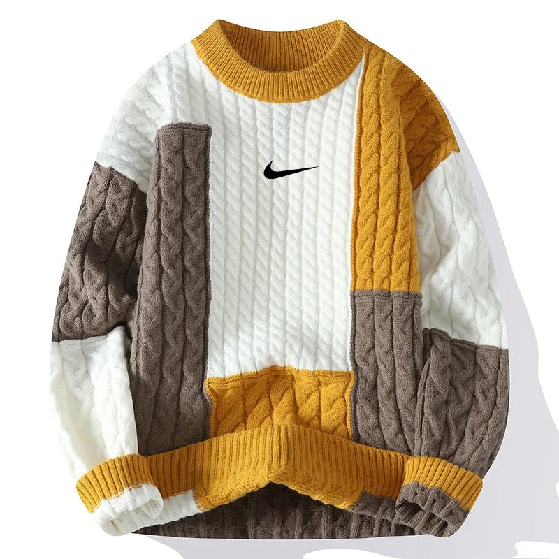 Men’s Color-Block Cable Knit Sweater – Oversized Casual Pullover